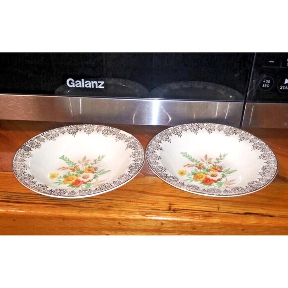 2 Vintage Edwin Knowles Floral Fruit Dessert Bowls beige orange Brown gold 1930s - Picture 2 of 7